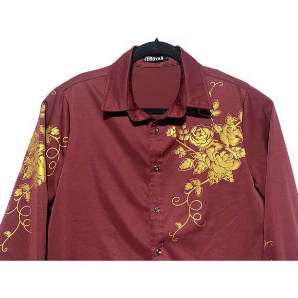 Zeroyaa Embroidered Shirt Men's Small Burgundy Red Snap Buttons Long Sleeve - Picture 3 of 9